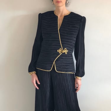 80s fortuny pleats plisse pant suit / vintage George F Couture micro pleats black blazer + palazzo pants cocktail evening suit pantsuit | S 