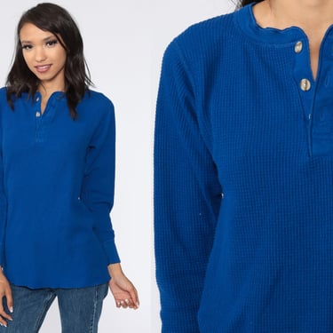 Thermal Shirt Blue Long Sleeve Shirt WAFFLE KNIT T Shirt 90s Henley Shirt Button Neck Tshirt Retro Tee Vintage Plain Simple Medium Large 
