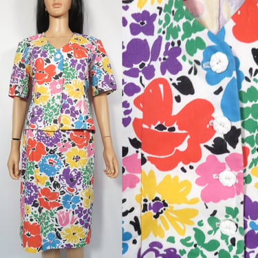 Vintage 80s Plus Size Bold Floral Cotton 2 Piece Skirt Set Size XL 