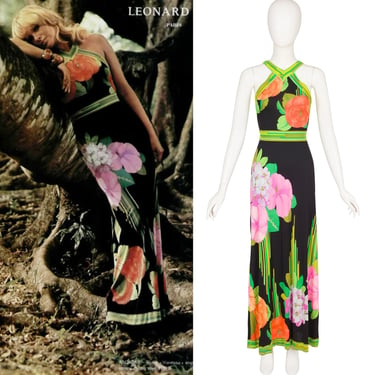 Leonard Paris 1974 Ad Campaign Vintage Floral Print Black Silk Jersey Maxi Dress Sz XS 