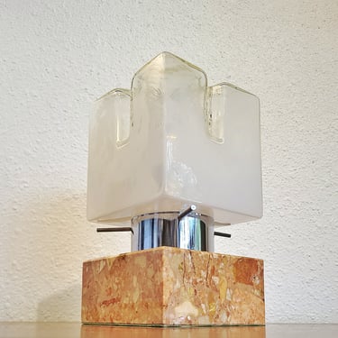 MARBLE BASE MAZZEGA CUBE LAMP WITH MURANO OPAL GLASS SHADE