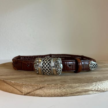 Vintage Brighton‎ 1995 brown crocodile-embossed leather belt Cherub angel Brighton Embossed Alligator Croc Dark Mahagony Brown Leather  main image 3