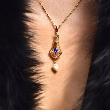 Antique 10K Gold Filigree Blue Sapphire Baroque Pearl Lavaliere Pendant Necklace, Fancy Bar Link Chain, Art Nouveau/Deco Necklace, 18 1/4