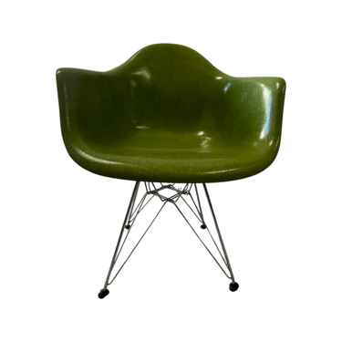 Eames Style Fibreglass Molded Arm Chair with Chrome Wire Base - Lime Green