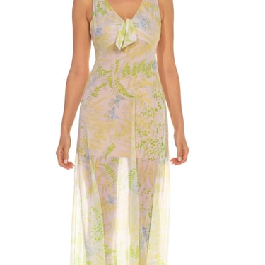 1970S Vera White  Green Polyestser Front Tie Butterfly Printed Slip Dress 