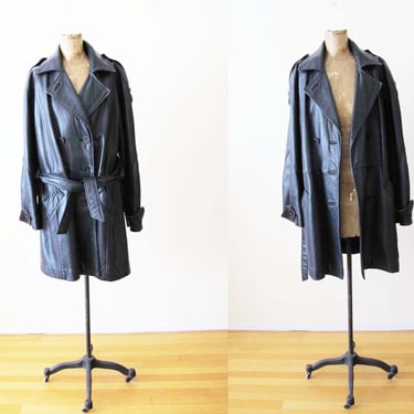 Vintage 2000s Black Leather Trench Coat S M - Y2K Belted Leather Jacket - Cybergoth Minimalist Style 