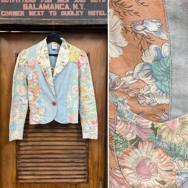 Vintage 1960’s Cotton Floral Sleeve Denim Jacket, Hippie Design, Boho, Patchwork, 60’s Vintage Clothing 