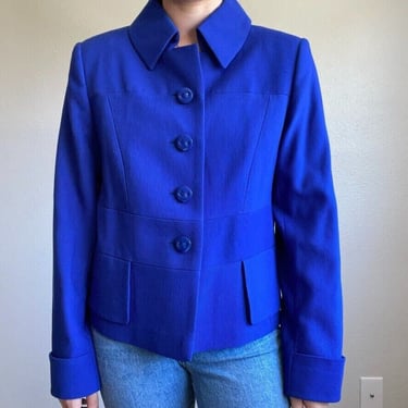 Vintage Womens Escada 100% Wool Royal Blue Collared Oversized Blazer Sz L 