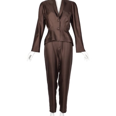 Thierry Mugler Vintage 1990s Chocolate Brown Silk Sculpted Jacket and Pant Suit