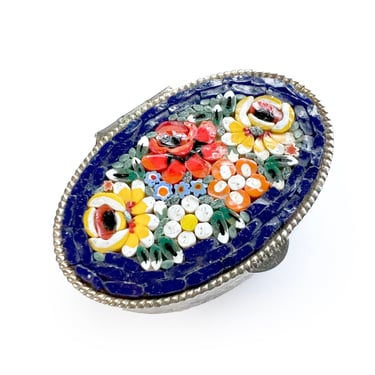Italian Micro Mosaic Lidded Pill Box with Decorative Silver-tone Design, Red, Yellow and Orange Flowers on Navy Blue,  Venetian Glass 
