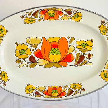 Vintage 1970s Retro Orange Flower Kitchen Enamelware Porcelain Serving Metal Tray Sanko Ware Japan 