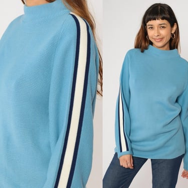 70s Striped Sweater Light Blue Ski Sweater Knit Mock Neck Pullover Sweater 1970s Bohemian Hippie Vintage Raglan Sleeve Medium 