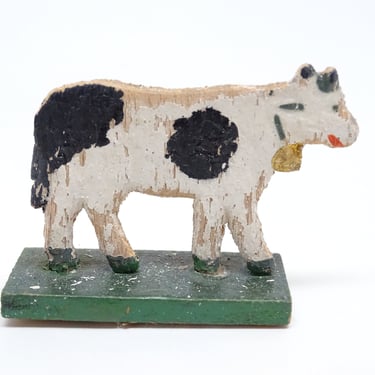 Antique German Wooden Cow on Wood Stand, Hand Painted Stand Up Toy for  Christmas Nativity or Putz 