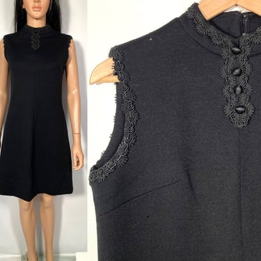 Vintage 60s/70s Mod Black Knit Mini Dress With Cord Lace Ribbon Details Size M 
