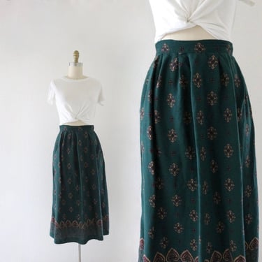 scarf print midi skirt - l - vintage 90s y2k dark green classic womens academia size large long maxi skirt pockets 