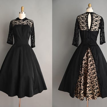 vintage 1950s Dress | Emil E. Otto Gorgeous Black Illusion Lace Cocktail Full Skirt Dress | XS 