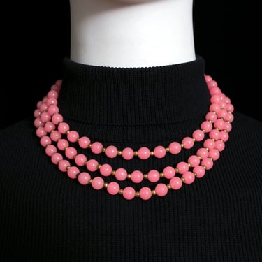 Unique Head-Turner Vintage 60s Pink Beaded 3-Strand Necklace 