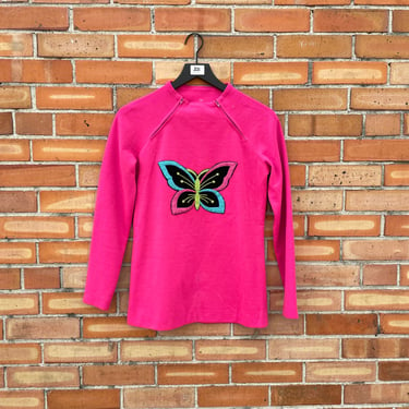 vintage 70s pink butterfly mock neck knit blouse / m medium 
