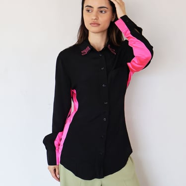 Vintage Jean Paul Gaultier Black + Hot Pink Button Down with Logo Collar + Pink Stripes sz M Y2K Racing 2000s Western Snap Rave JPG Jeans 