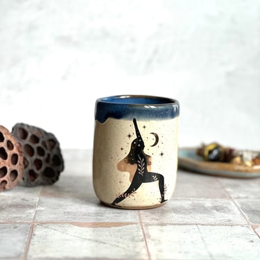 Handmade stoneware yoga poses mug. 