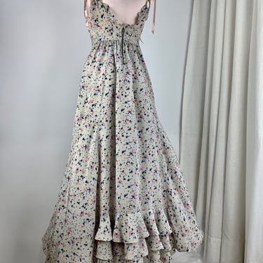 1930'S Silk Chiffon Dress - Bias Cut Floral Fabric - Unusual Gold Rings with Ribbons Straps - Flaring Skirt with Ruffles - 25 Inch Waist 