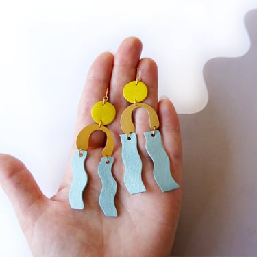 Parallel Waves Leather Earrings - in Blue / Yellow 