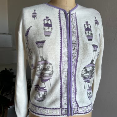 Fab MCM Graphic Zip Front Cardigan Featuring Egyptian Vases Vintage Helen Harper 42 Bust 