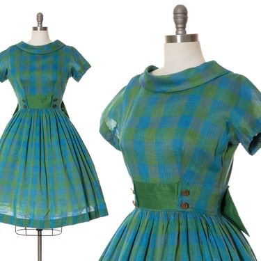 Vintage 1960s Dress | 60s Plaid Cotton Blend Green Blue Big Fit and Flare Full Skirt Swing Dress (small/medium) 