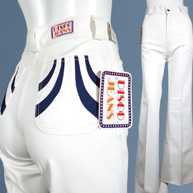 Vintage 1970s DISCO Jeans pants deadstock winter white/navy late era 70s inlay pockets high rise slim fit wide leg roller girl epic (27) 