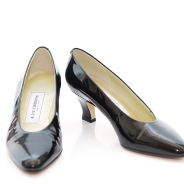 Vintage 1980s Liz Claiborne Black Patent Leather Low Heel Pumps Shoes | Size 6 1/2 | 6.5 