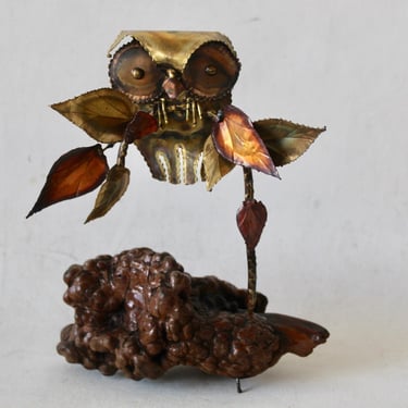 Curtis Jere Style Brutalist Metal Owl Burl Wood Base Sculpture Mid-Century Modern 