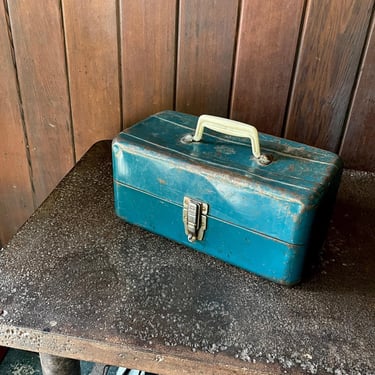 1960s Blue Union Steel Chest Toolbox Tackle Fishing Metal Case Vintage Mid-Century Industrial 