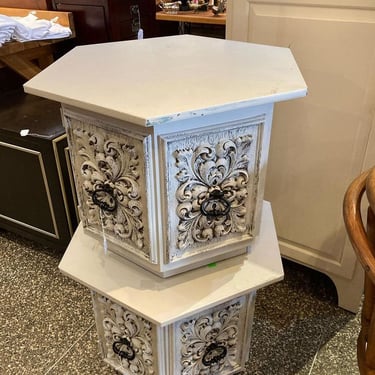 White painted hexagonal side tables with storage. 24” x24” x 19.5”