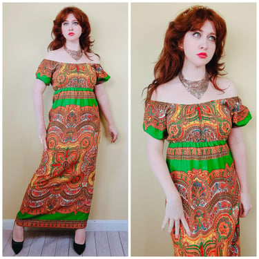 1970s Vintage Acrylic Green Paisley Maxi Dress / 70s Puffed Sleeve Off Should Peasant Dress / Size Medium 