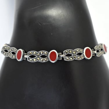 80's Art Deco sterling coral pyrite figure 8 bling bracelet, 925 silver marcasite infinity links 