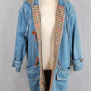 1980s 1990s Flannel Lined Denim Jacket by Forenza - Jean Jacket - Hooded - Plaid-  Denim Western Trench Coat - Fall Coat 