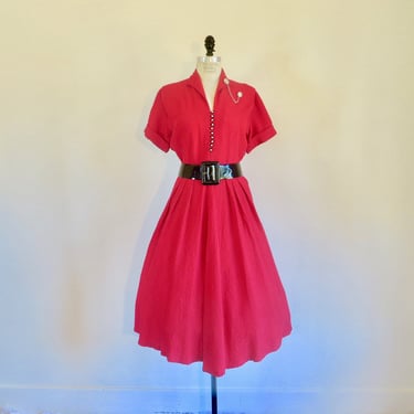 1950's Red Fit and Fare Day Dress Full Skirt Rockabilly Swing Short Sleeve 