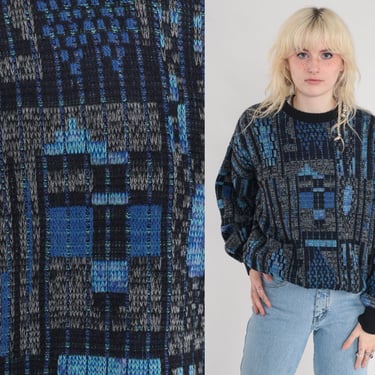 90s Sweater Abstract Geometric Knit Pullover Sweater Blue Charcoal Grey Striped Print Crewneck Grunge Statement Retro Vintage 1990s Large L 