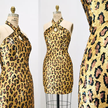 80s 90s Vintage Sequin Leopard Animal Pattern Dress XS Small 90s Tank Halter Neck Sequin dress Cheetah Animal Print Sequin 90s Party Dress 