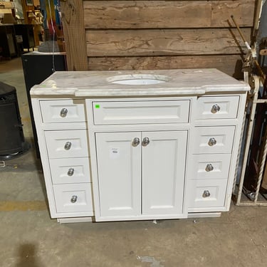 White Bathroom Vanity with Gray and White Marble Countertop