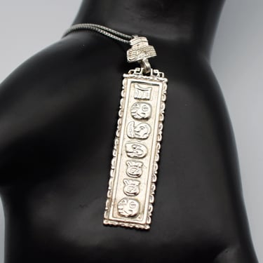 90's sterling Mayan totem cartouche pendant, detailed MEX 925 silver MM229 rectangular box chain necklace 