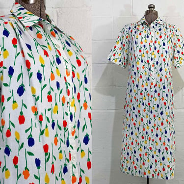 Vintage Colorful Floral Rainbow Dress Short Sleeve Margaret Smith Tulip Shirt Flowers Dopamine Dressing Large 1980s 