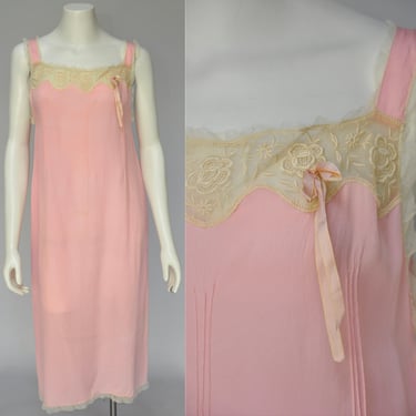 1920s pink silk nightgown with floral lace S/M 