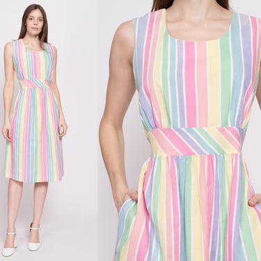 70s Pastel Rainbow Striped Midi Dress - Large | Vintage Sleeveless Pocket Candy Stripe Sundress 
