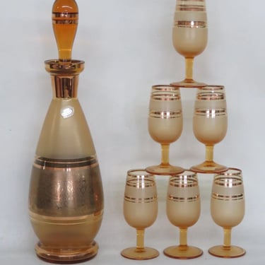 Bohemia Glass Czechoslovakia Gold Amber Decanter and Six Glasses Set 3452B