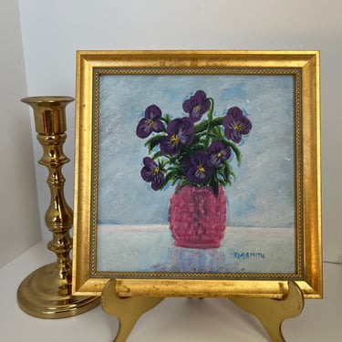 Vintage Still Life Violets in Vase Acrylic on Board Original Signed Framed Art 