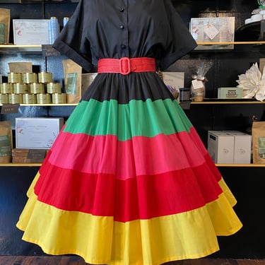 1980s cotton dress, rainbow stripes, vintage 80s dress, 1950s style, circle skirt, medium, tiered full skirt, rockabilly, pride, 80sdoes 50s 