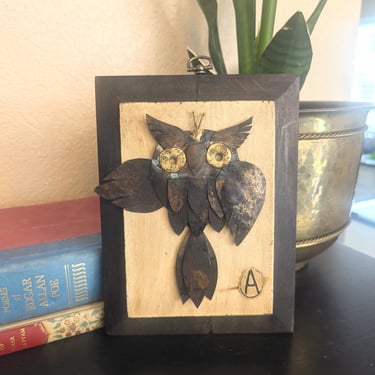 Handmade Brutalist Folk Art 3D Owl Signed Picture 