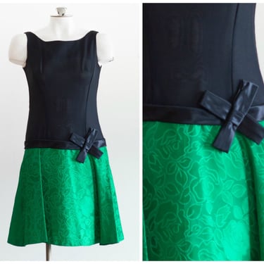 1960s Green and Black Dress | Drop Waist, Sleeveless 