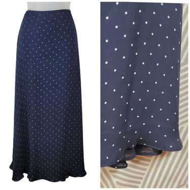 Ralph Lauren Silk Skirt Womens 10 Navy Blue Polka Dot Flare Midi Lined Flowy 